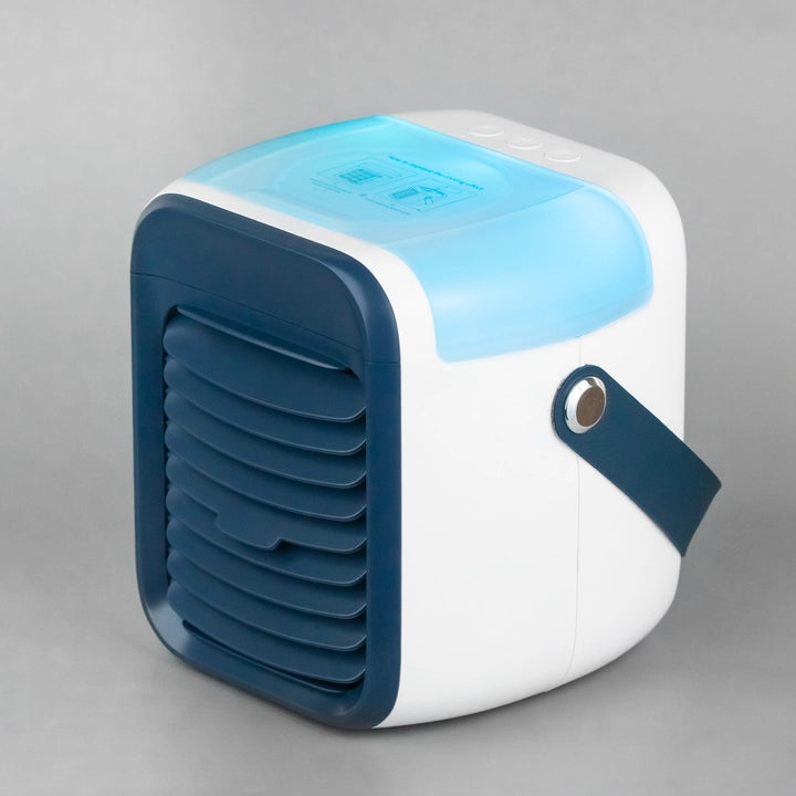 Compact air cooler with blue and white detailing