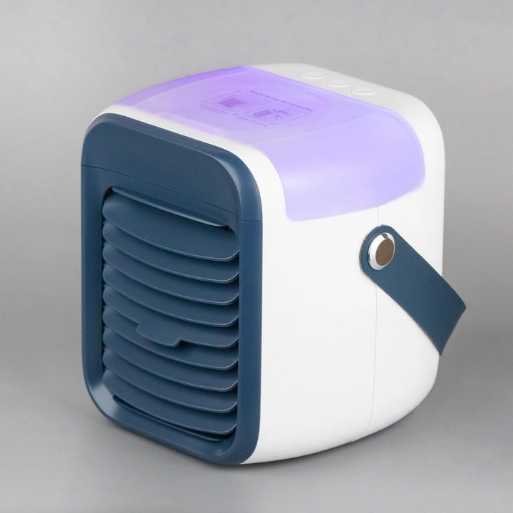 Compact air cooler with ambient purple lighting