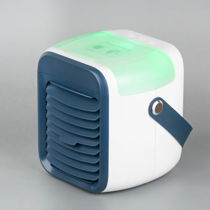 Small air cooler featuring blue and green illumination