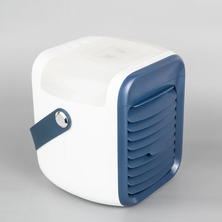 White and blue air cooler with a blue carrying strap