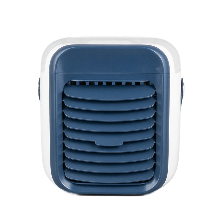 Portable air cooler in a combination of blue and white colors