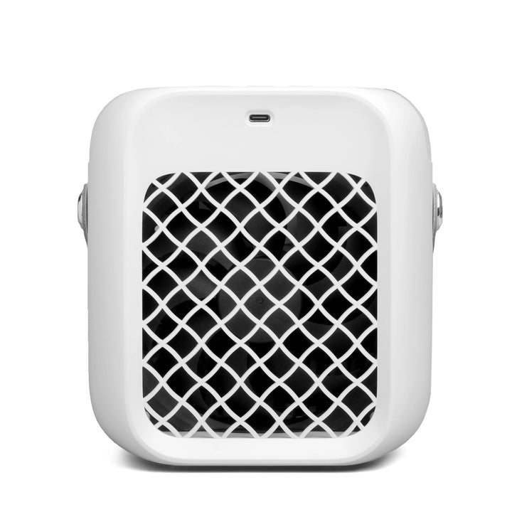 White and grey portable air cooler with a mesh grill