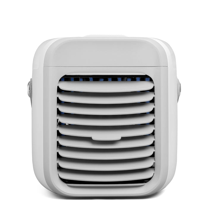 White and grey air cooler featuring blue illumination