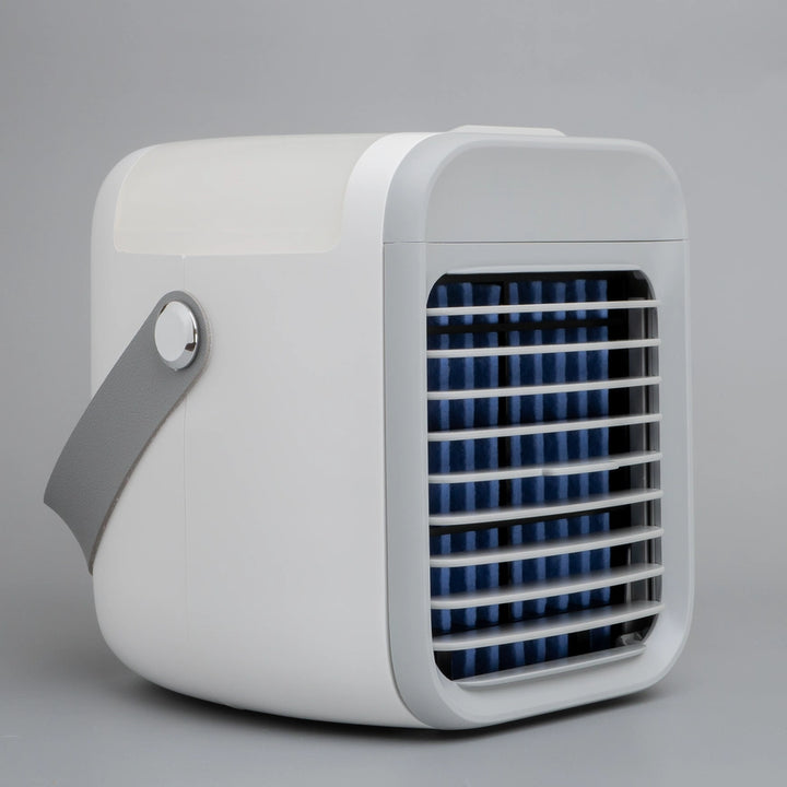 White and grey portable air cooler with blue and white accents