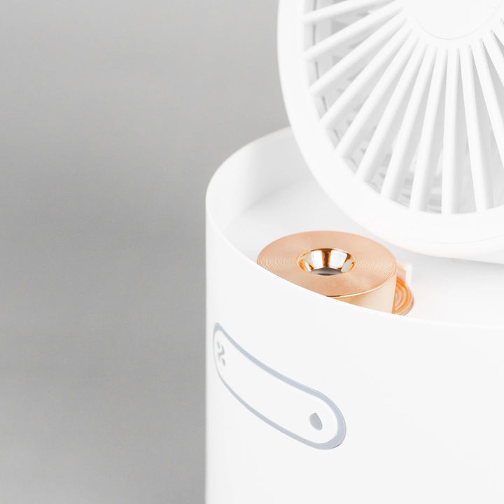 Foldable Fan Humidifier designed as a white air conditioner with a gold lid