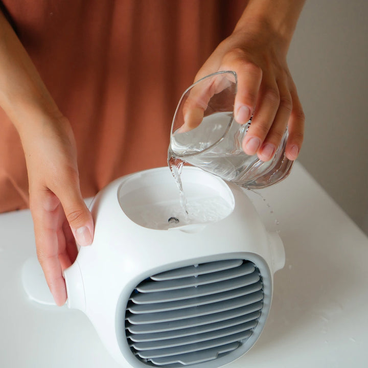 Individual filling a portable air cooler with water