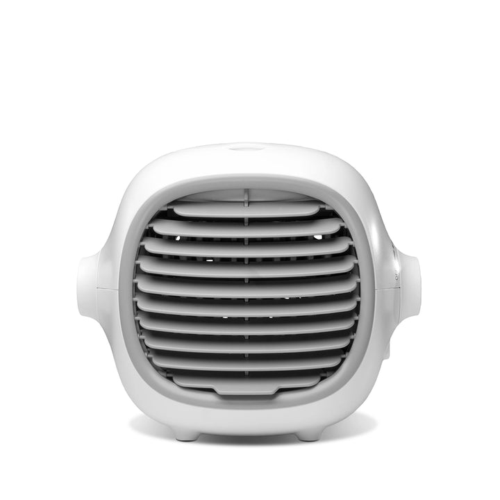 White portable air cooler featuring a built-in fan
