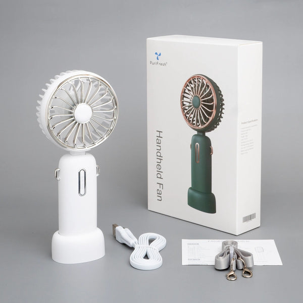 Portable rechargeable handheld fan displayed with its packaging and accessories