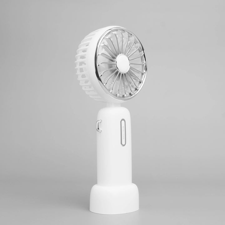 White rechargeable fan with a sturdy base, set against a gray backdrop