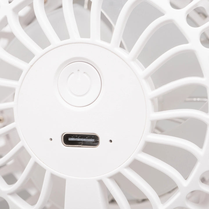 White handheld fan featuring a USB port on its side