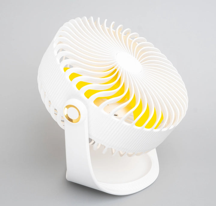 7 Inch Rechargeable Desk Fan with yellow blades standing on a stand