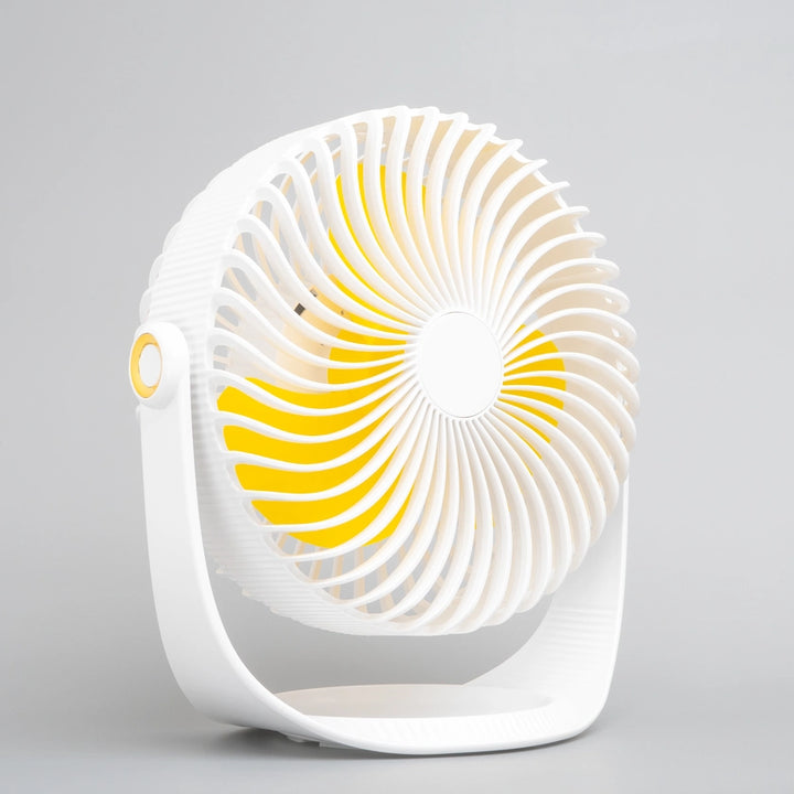 7 Inch Rechargeable Desk Fan in white and yellow on a stand