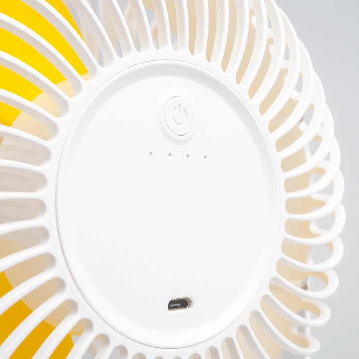 Close-up view of the 7 Inch Rechargeable Desk Fan in yellow and white