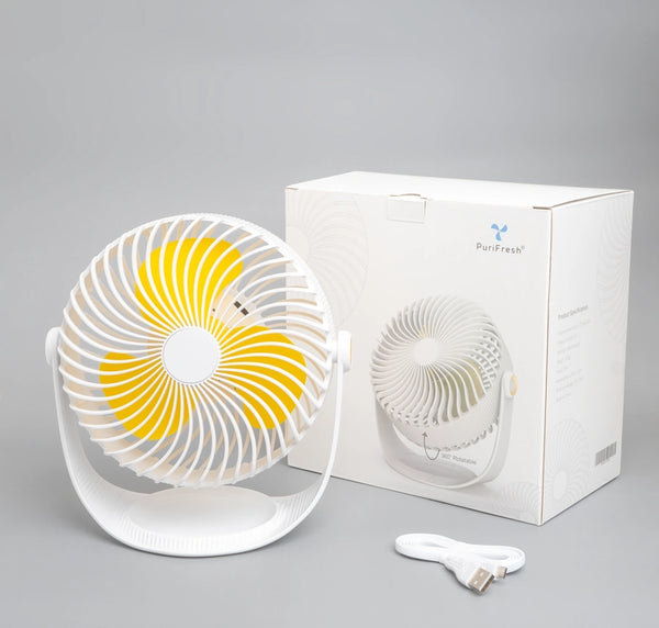 7 Inch Rechargeable Desk Fan in white and yellow with its packaging